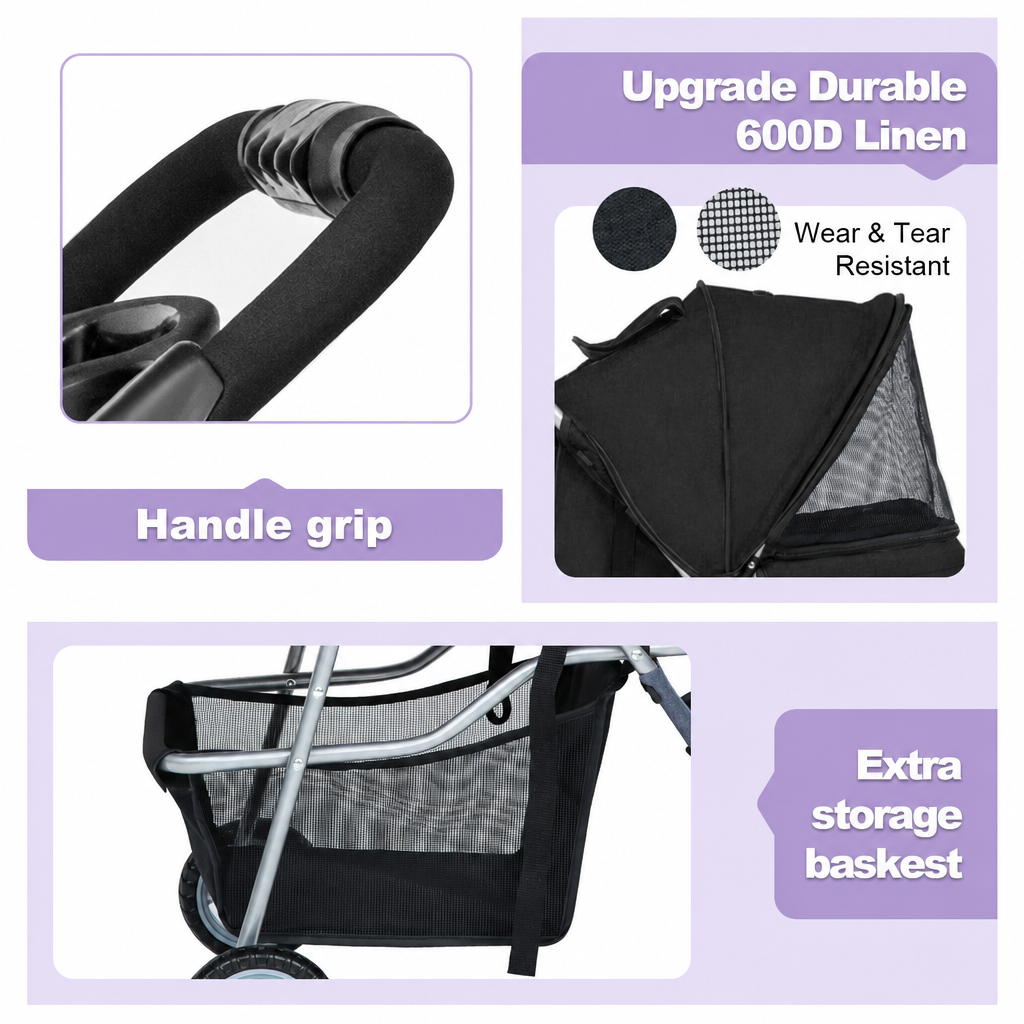 Stroller materials and storage graphic with lavender callouts