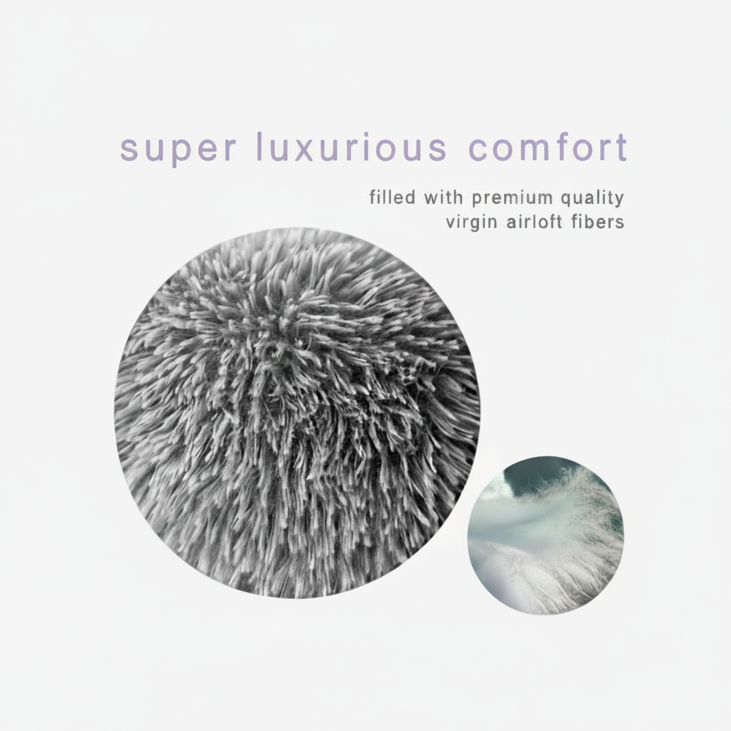 Round donut calming pet bed material close-up infographic highlighting "super luxurious comfort" filled with premium quality virgin airloft fibers on light grey background