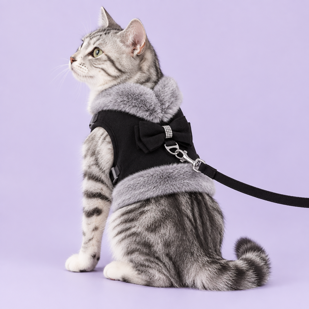 Tabby cat in black harness