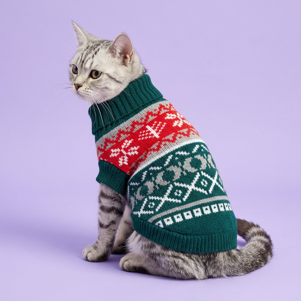 Tabby cat in the green red and grey sweater