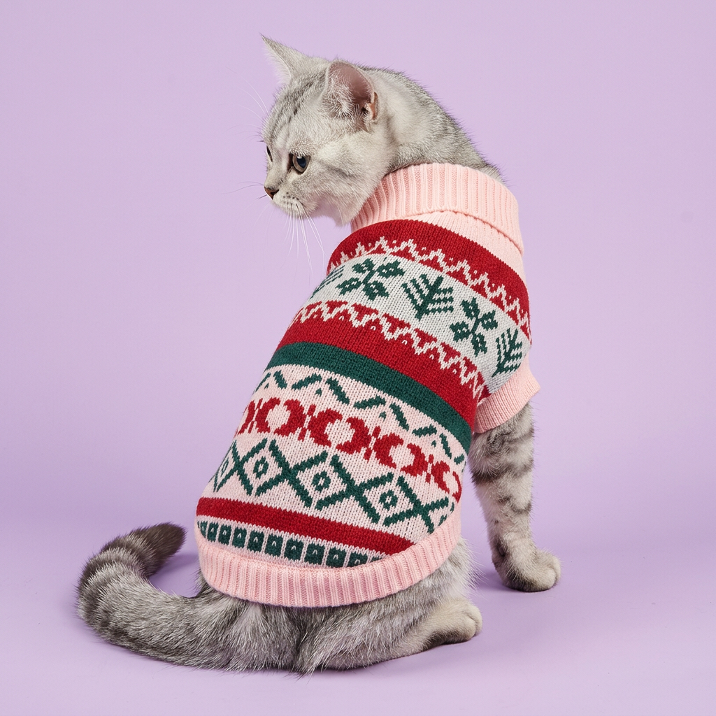 Tabby cat in the pink-trimmed sweater