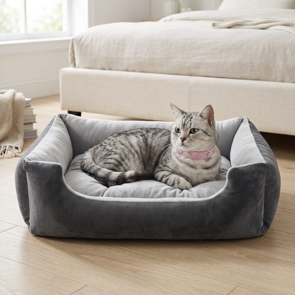 Tabby cat on gray bed in a bedroom