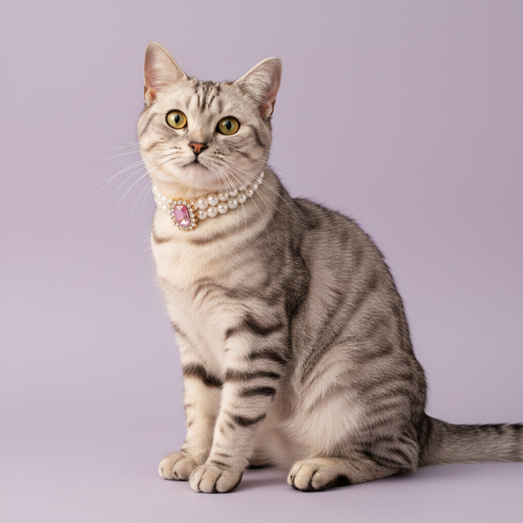 Silver tabby cat wearing luxury double-strand pearl cat collar with pink crystal centerpiece on lavender background