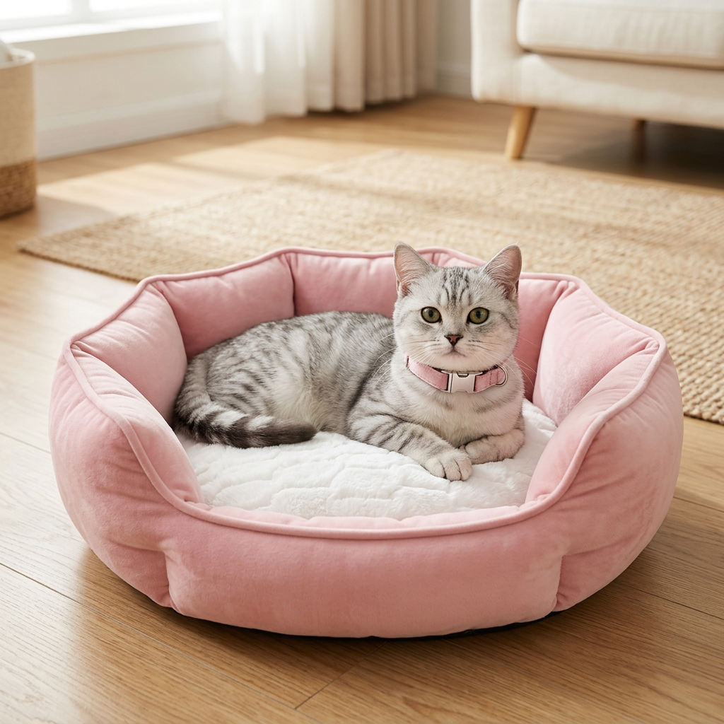 Tabby cat relaxing in the pink bed wearing your blush pink collar