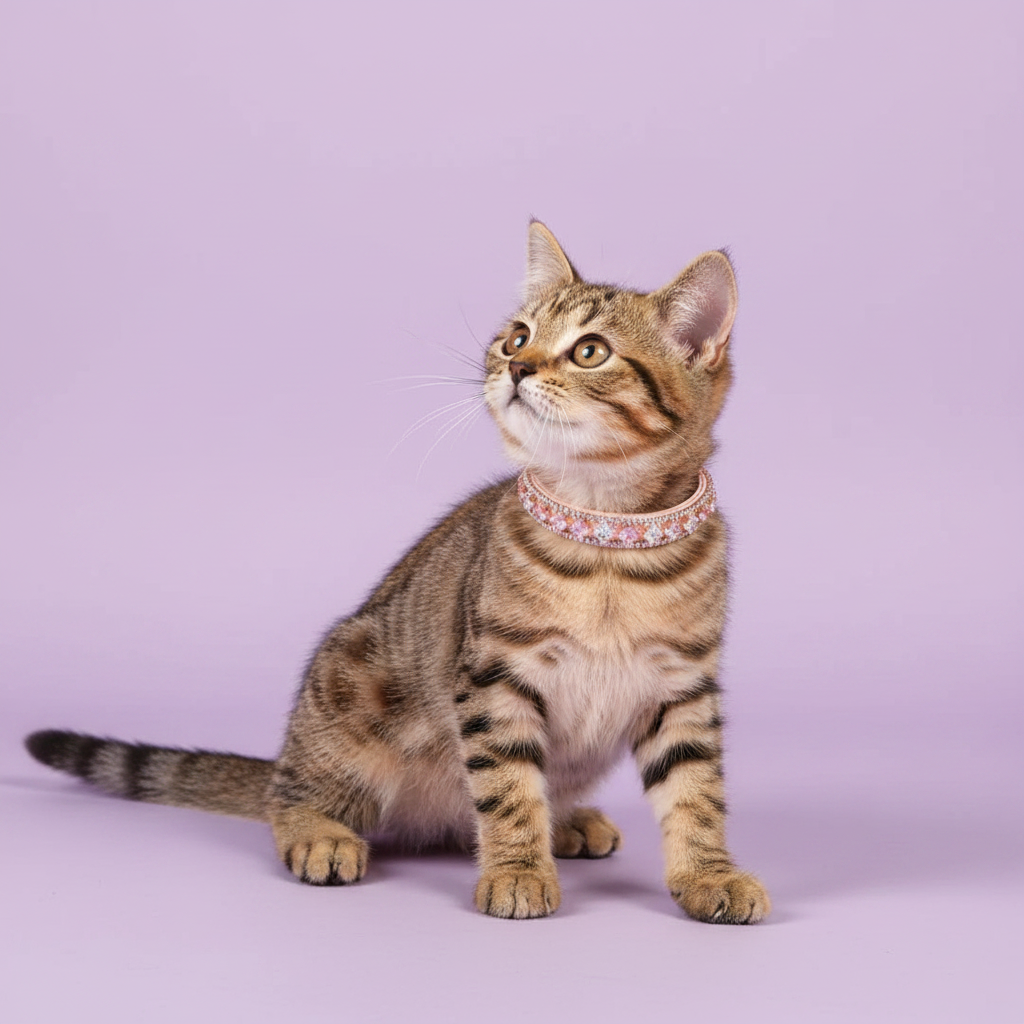 Pretty Posh Pets luxury rhinestone cat collar — a young brown tabby kitten sitting upright and gazing curiously upward, wearing a pink leather collar with alternating princess-cut pink and clear crystal gemstones set in rose gold, against a soft lavender background. Signature Edit aesthetic.
