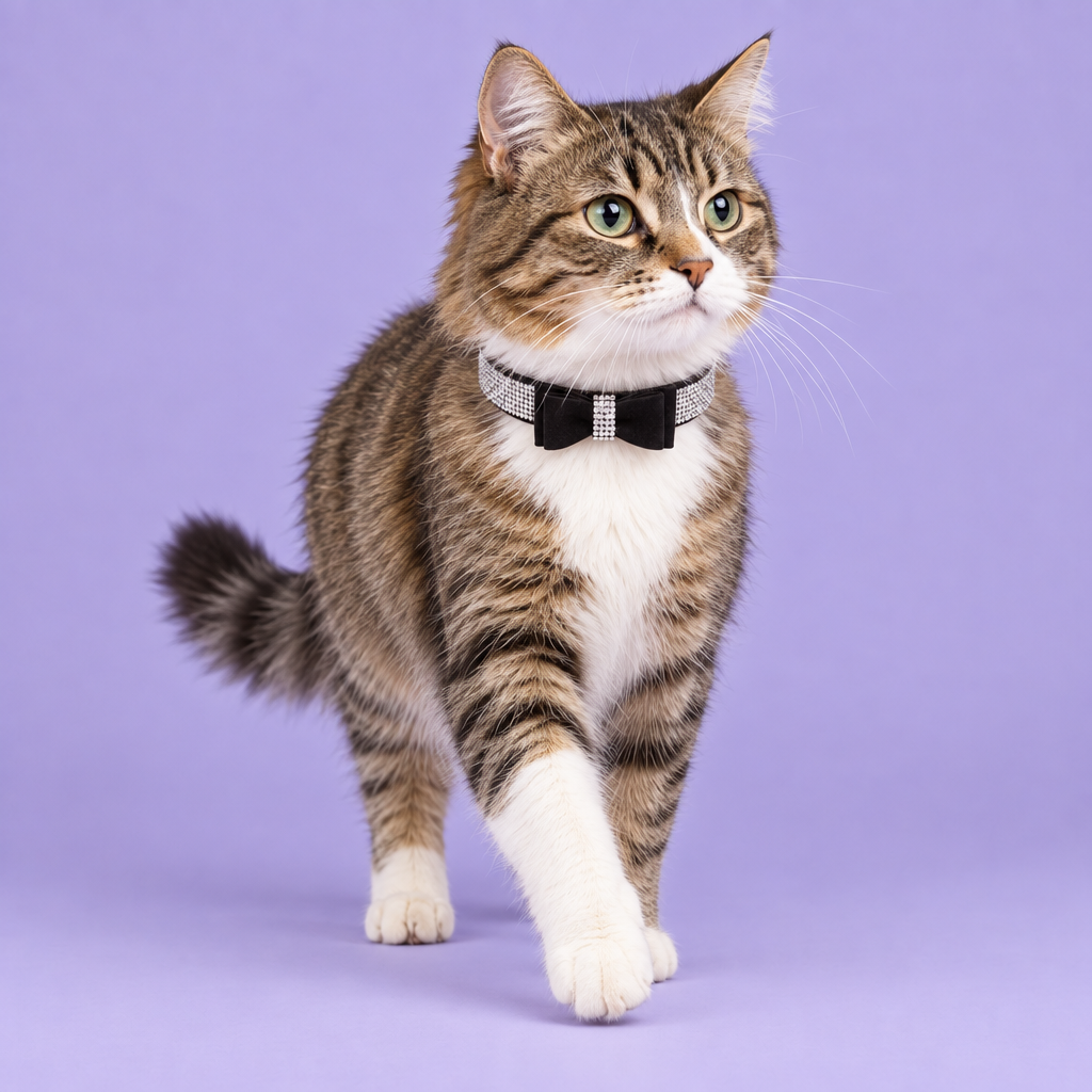 Tabby cat wearing the black crystal bow collar