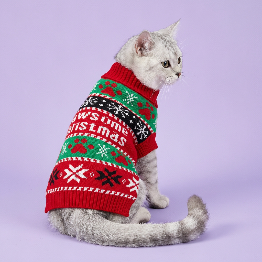 Tabby cat wearing the Pawsome Christmas sweater