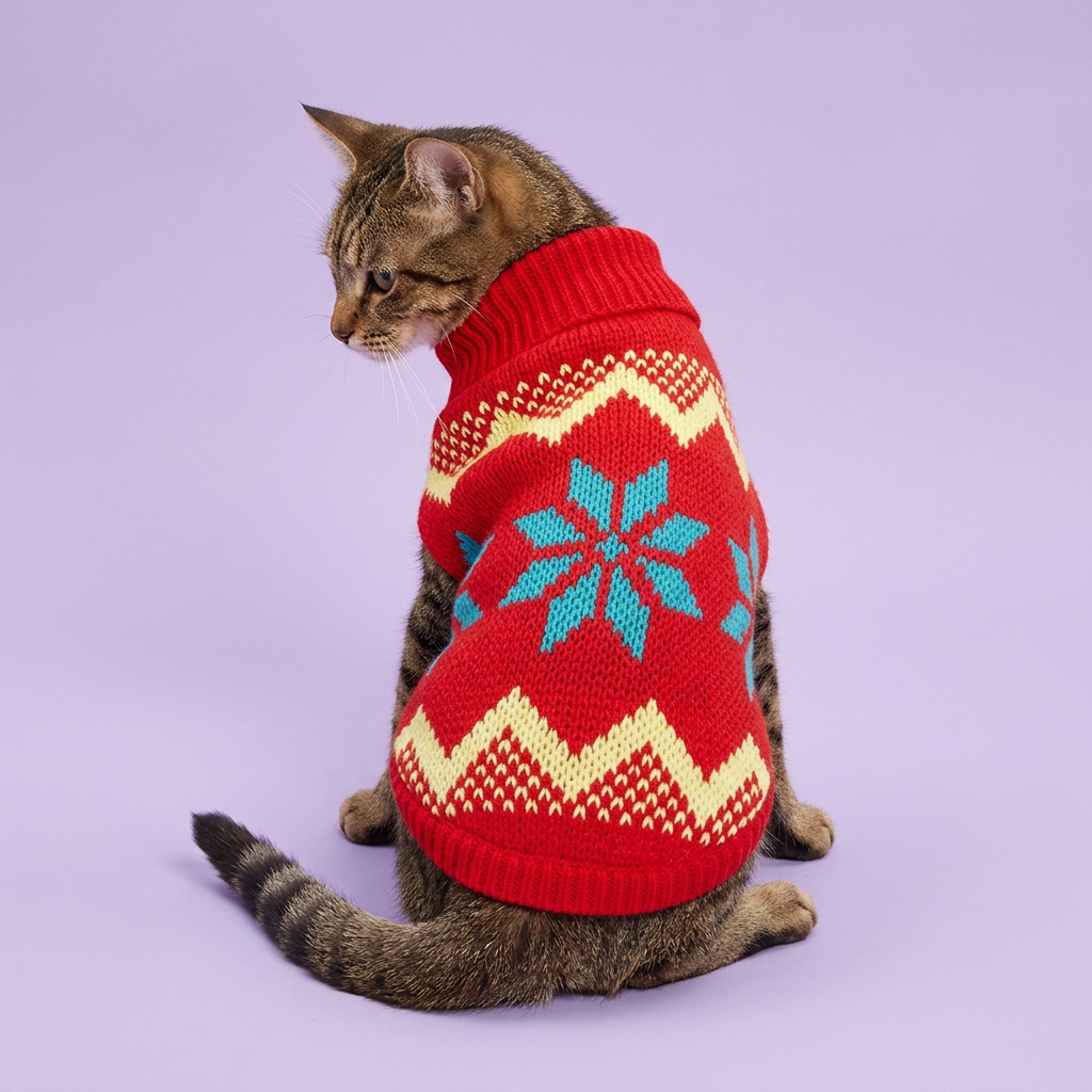 Tabby cat wearing the red sweater with teal motifs