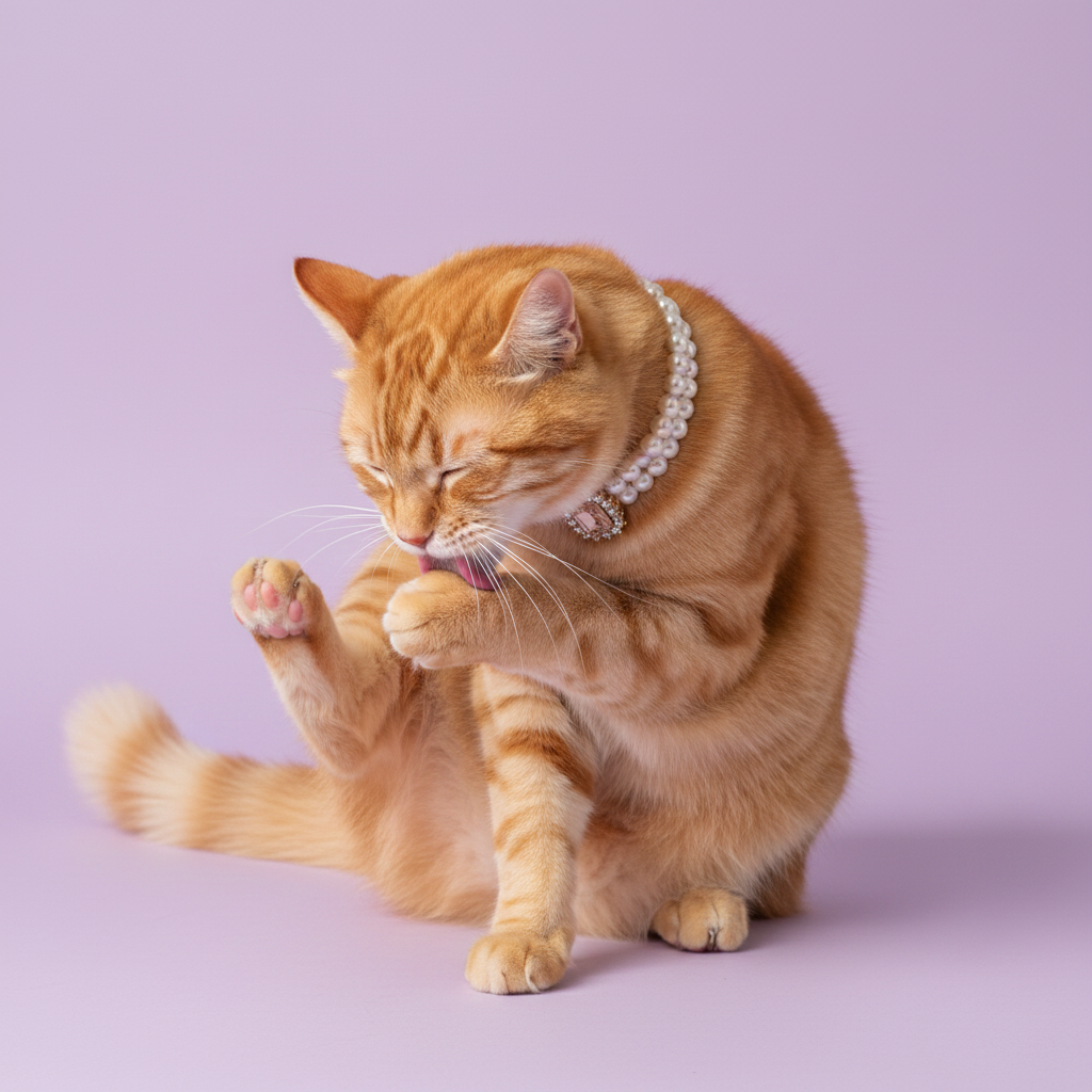 Orange tabby cat grooming wearing luxury double-strand pearl cat collar with crystal centerpiece on lavender background