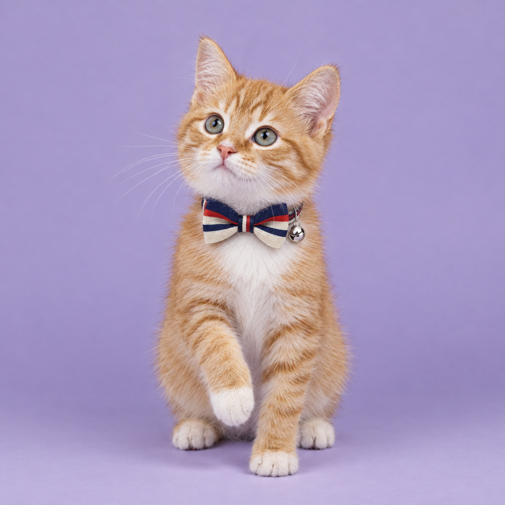 Tabby kitten wearing the striped bow-tie collar