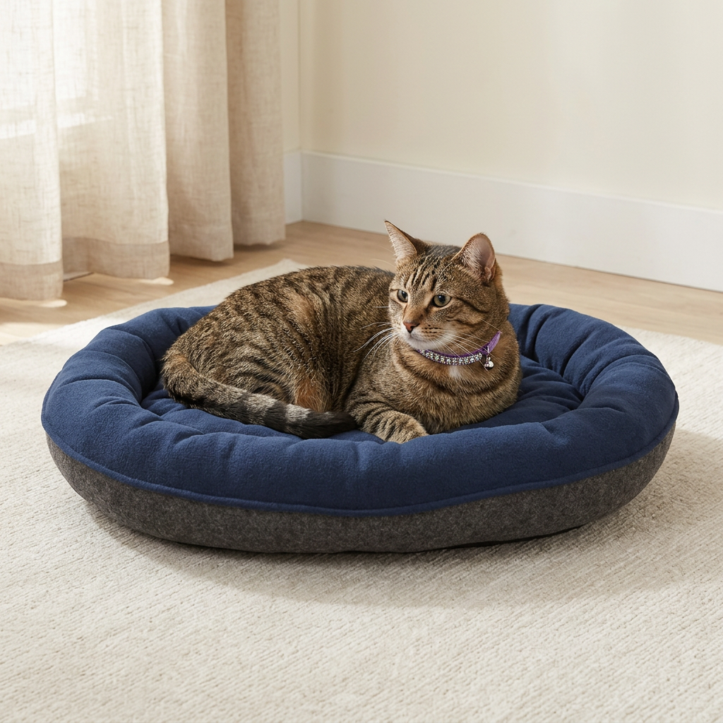 Tabby on navy bed wearing purple crystal collar