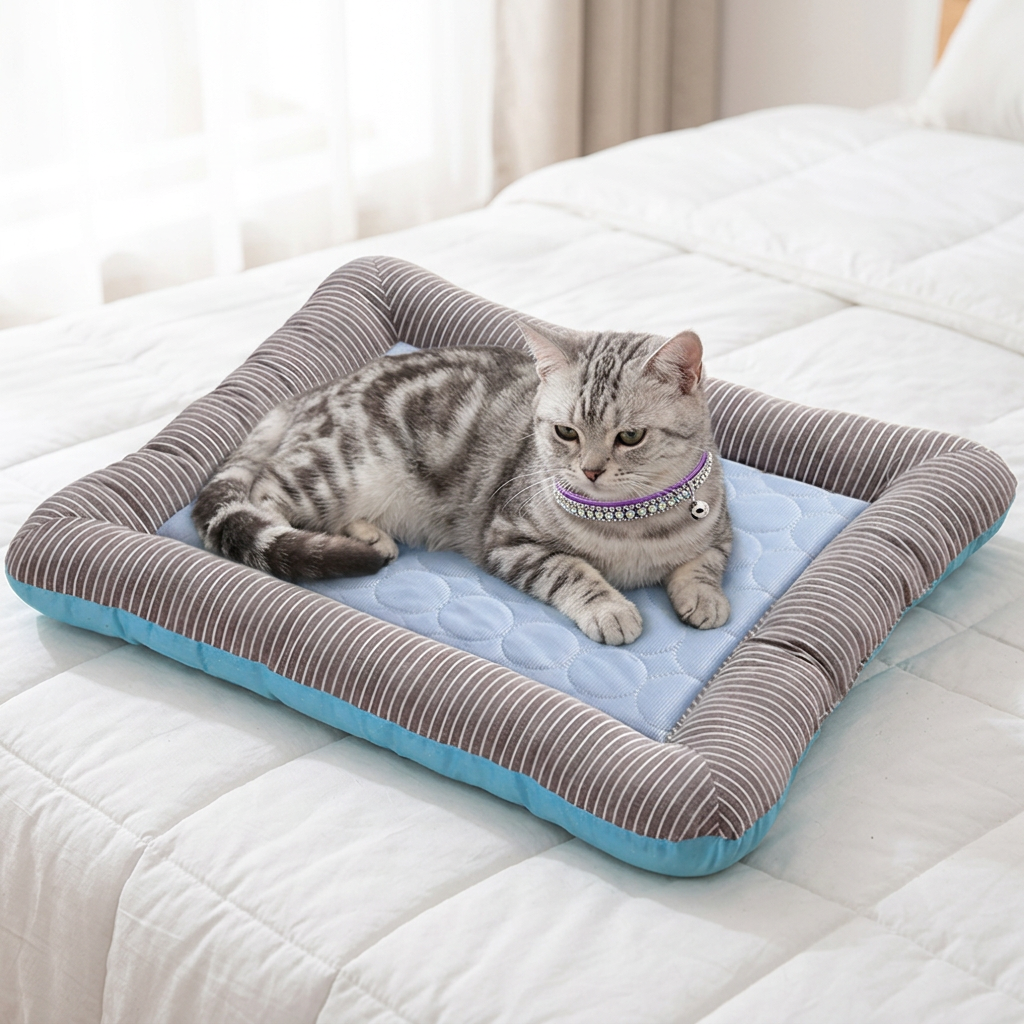 Tabby wearing purple crystal collar on striped blue pet bed