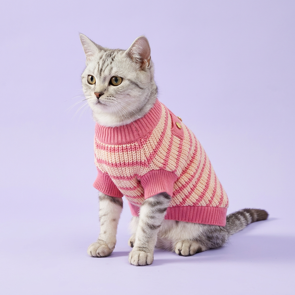 Tabby wearing the pink-and-cream sweater