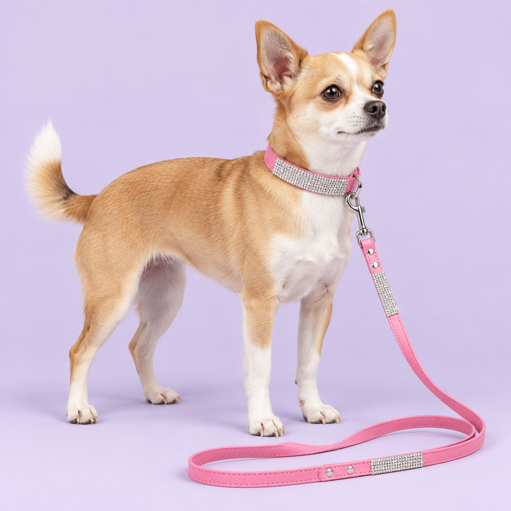 Tan-and-white Chihuahua mix wearing the pink collar and leash
