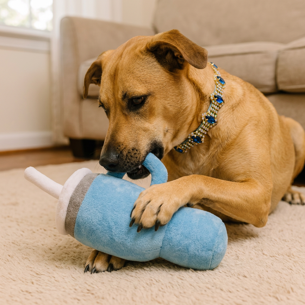 Tan dog wearing blue jeweled collar playing with tumbler plush