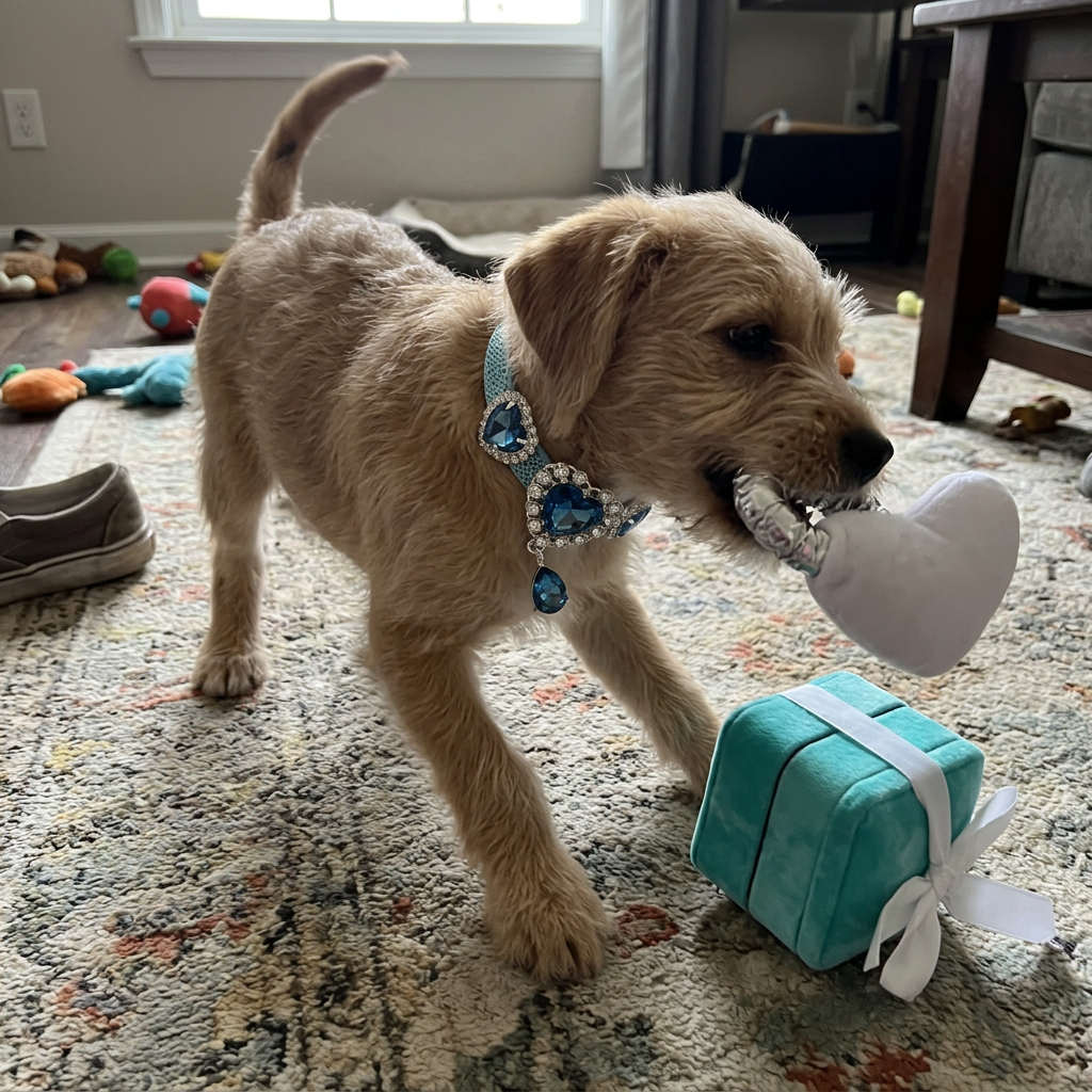 Tan puppy tug-of-war with the heart-ring plush in a lived-in living room, wearing the blue rhinestone heart collar