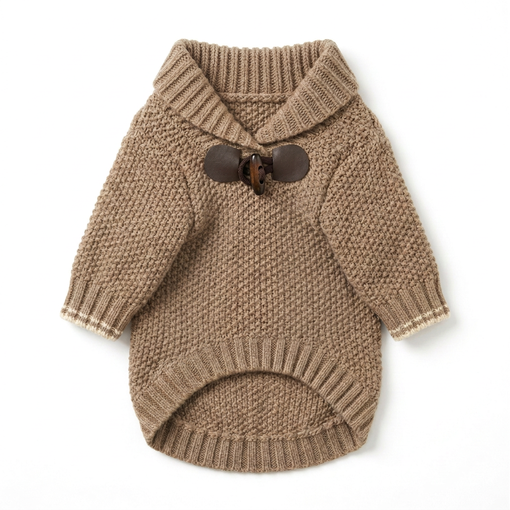 Taupe pet sweater with corrected plain textured-knit front on white