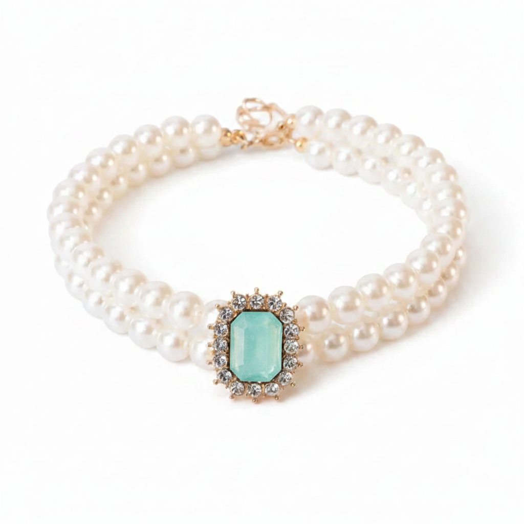 Double-strand pearl pet collar with mint teal emerald-cut crystal centerpiece and gold hardware