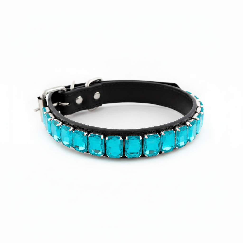 Black pet collar featuring a row of bright teal rectangular rhinestones on a white background.