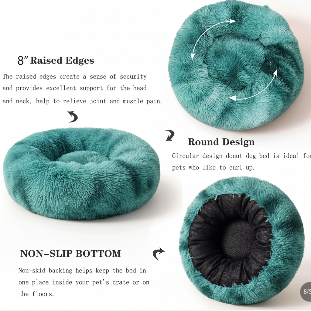 Round teal shaggy faux fur donut calming pet bed feature infographic highlighting 8-inch raised edges for head and neck support, round design for pets who curl up, and non-slip bottom on white background