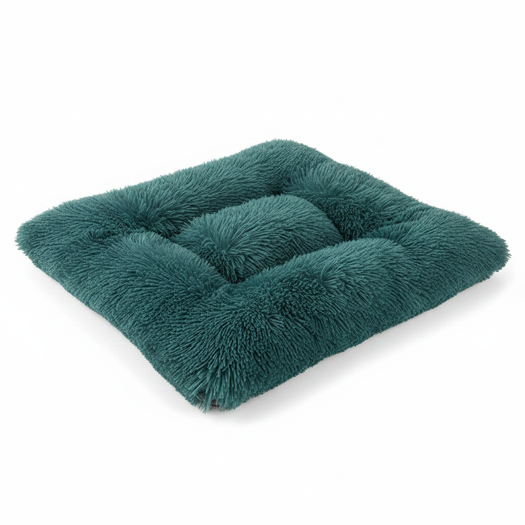 Deep teal long shaggy faux fur square tufted flat pet bed mat shown at a 3/4 angle on a white background