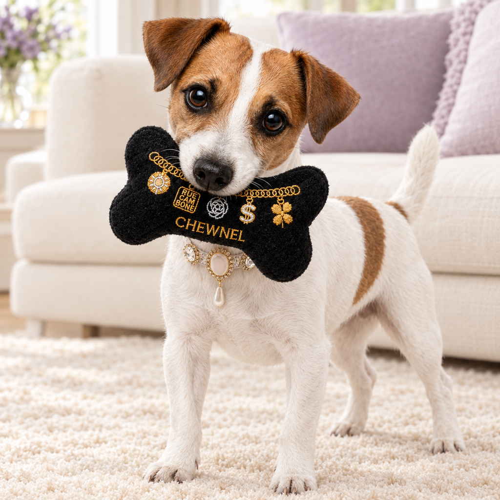 Terrier wearing the pearl collar and holding its plush bone in a lifestyle setting
