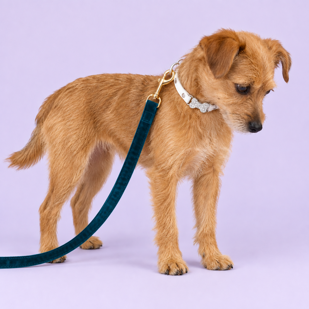 Terrier with teal leash trailing downward