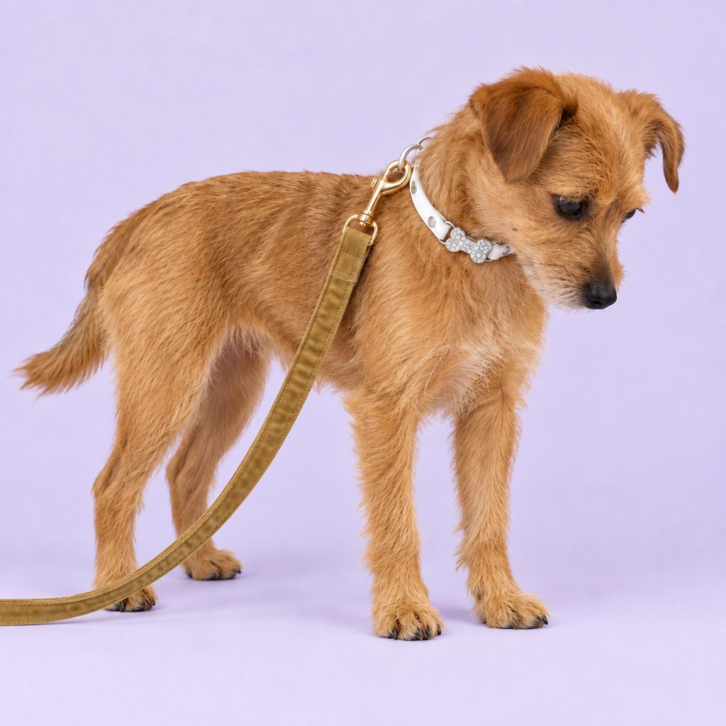 Terrier with updated yellow velvet leash
