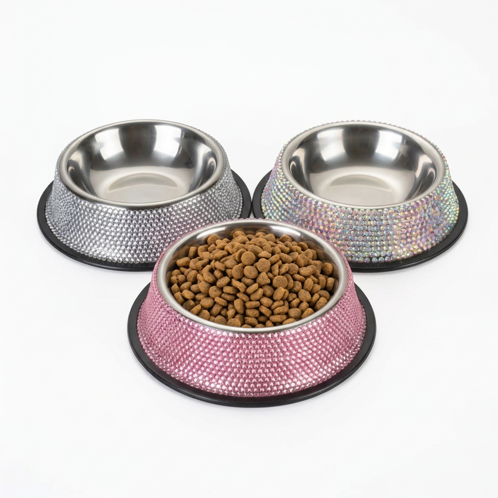 The pink, silver, and iridescent rhinestone bowls grouped on a white background with kibble in the pink bowl
