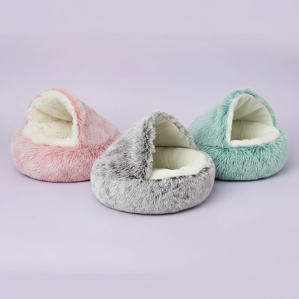Three long-pile plush round hooded cave pet beds in pink, grey, and mint green with cream interior lining, arranged together on a soft lavender background