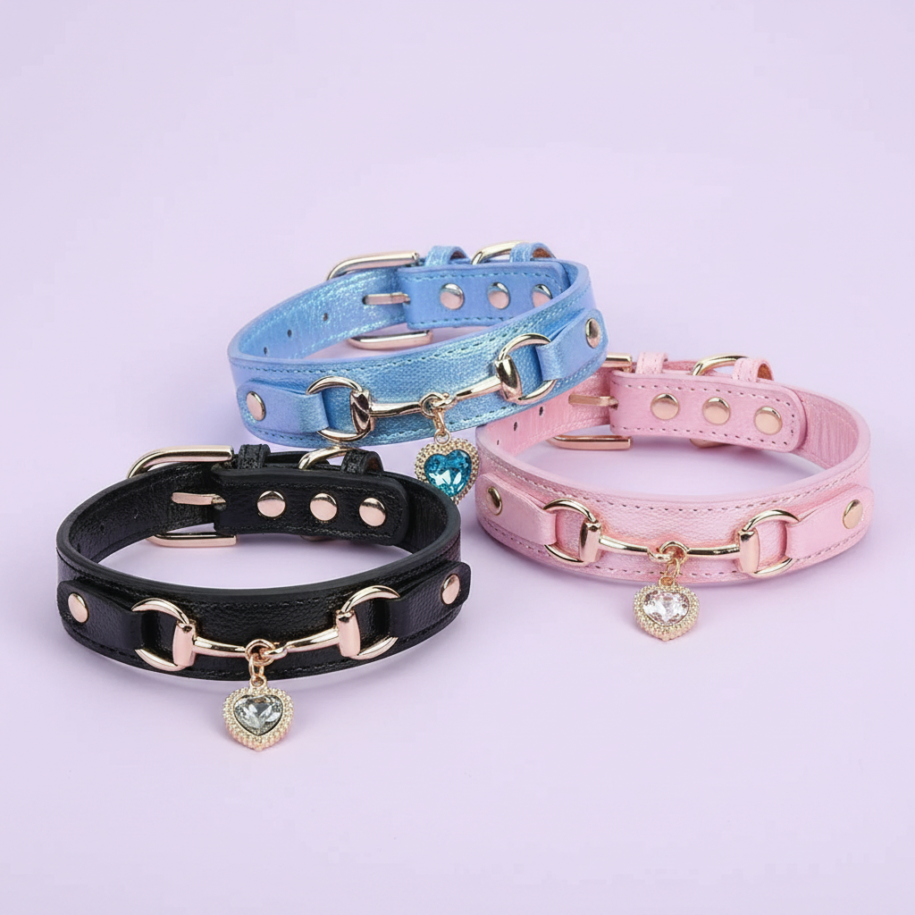 Three luxury pet collars in black, metallic blue, and pink leather with gold snaffle-bit hardware and crystal heart charm pendants, displayed together on a soft lavender background