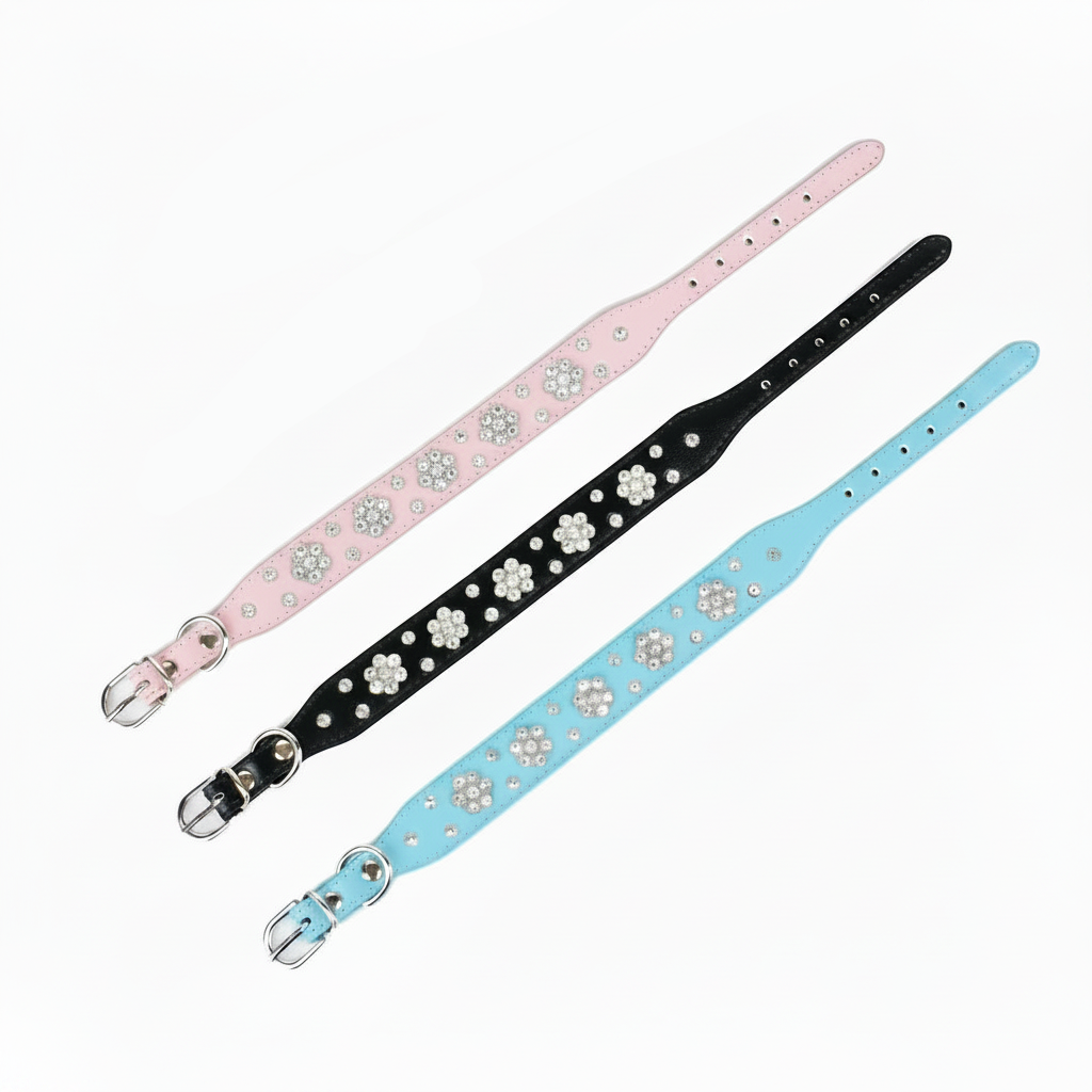 Three rhinestone dog collars arranged in a square product display.