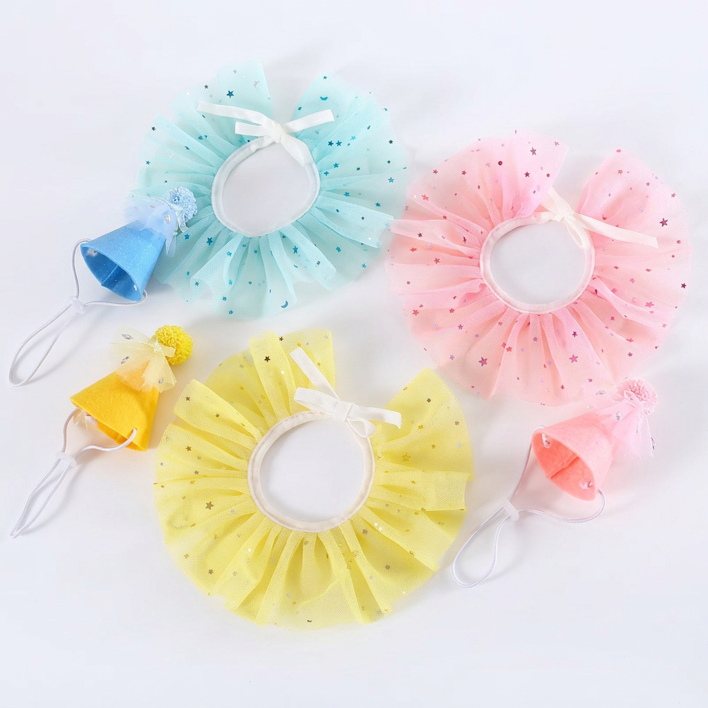 Three-color party hat and star-tulle collar assortment on white