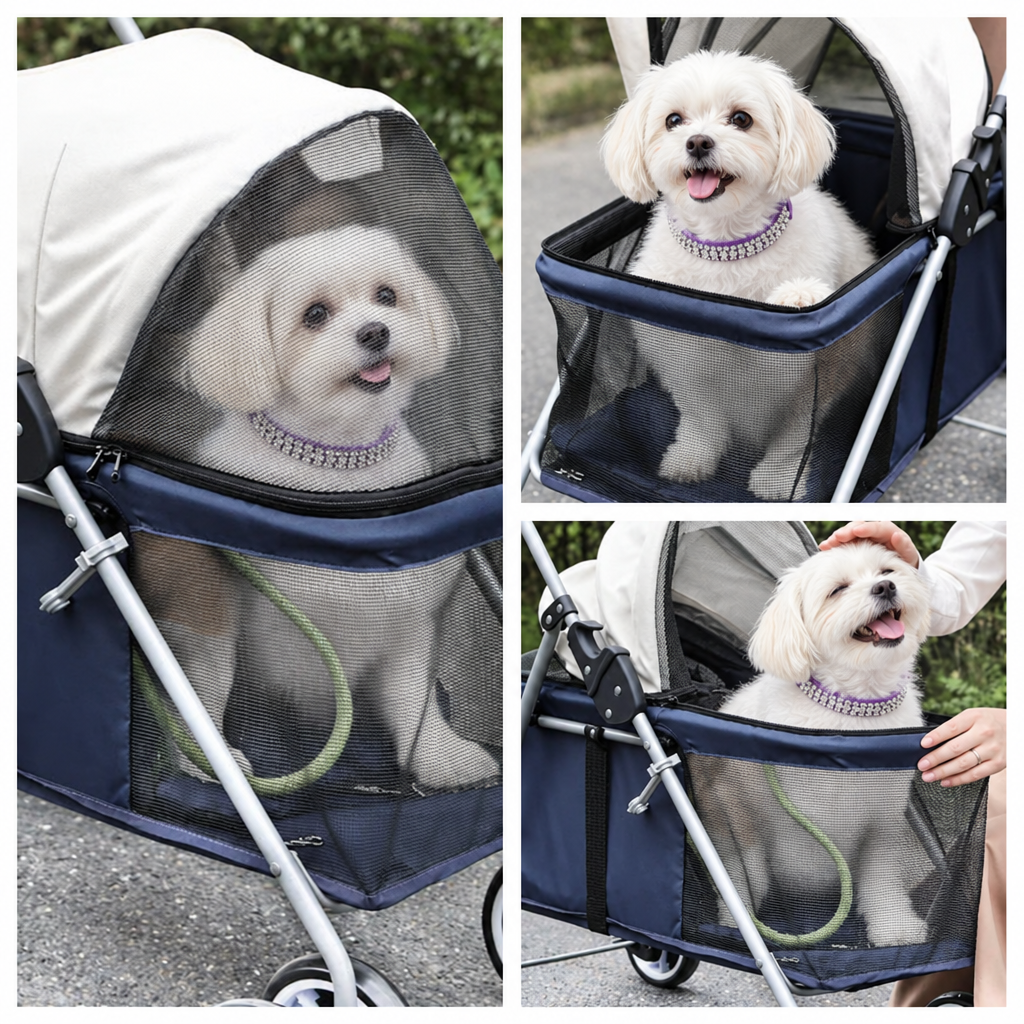 Three-panel navy stroller collage with dog wearing a Pretty Posh Pets collar