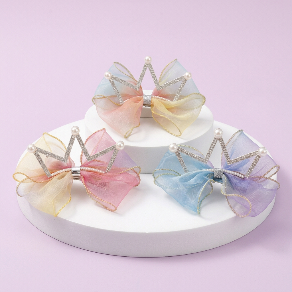 Three pastel crown bow hair clips on a white tiered display against light lavender