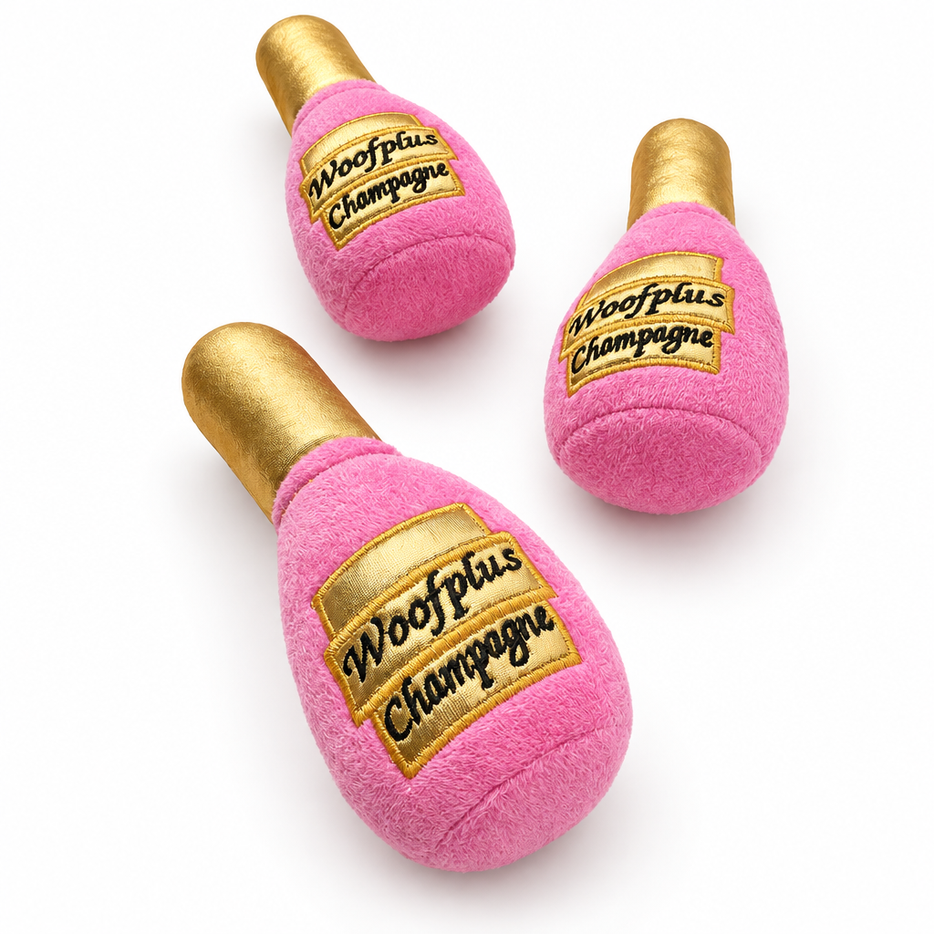 Three pink champagne plush toys on a square white background
