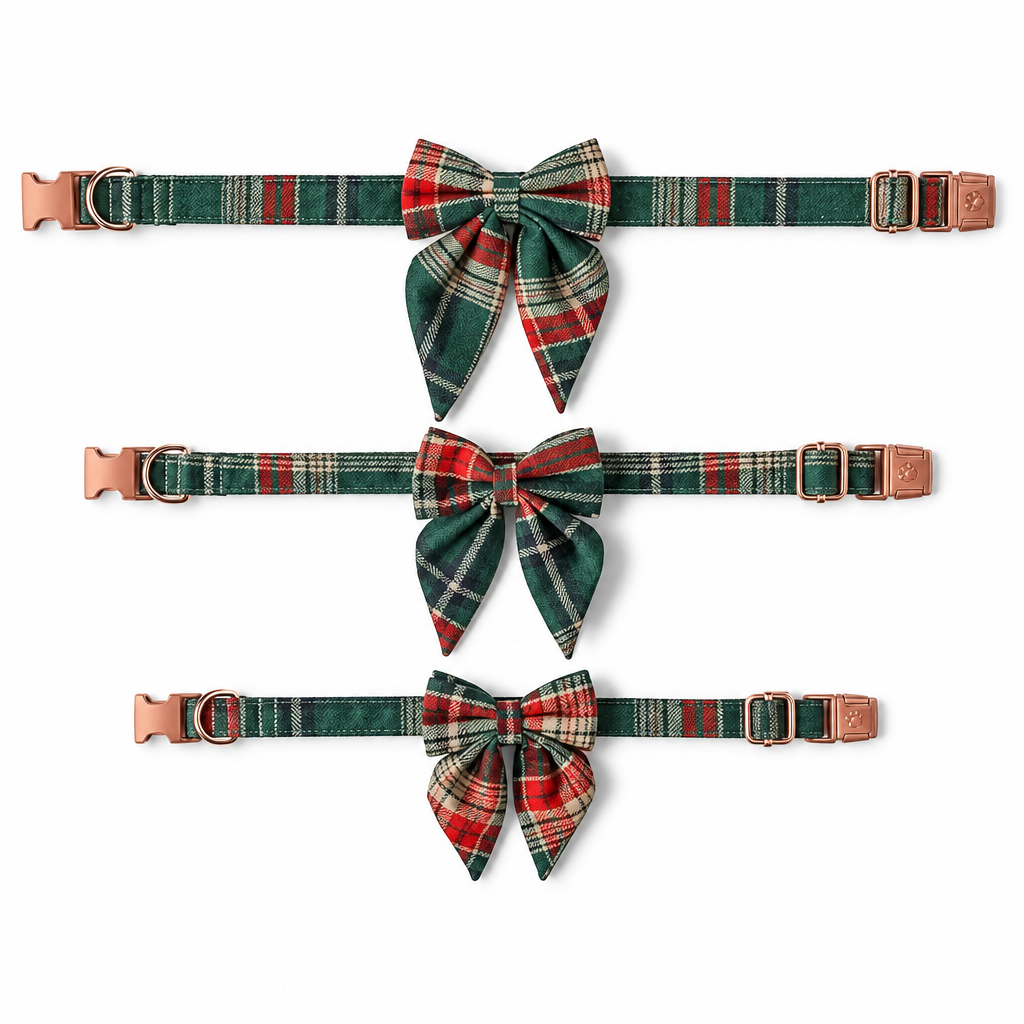 Three plaid bow-tie collars in a square image