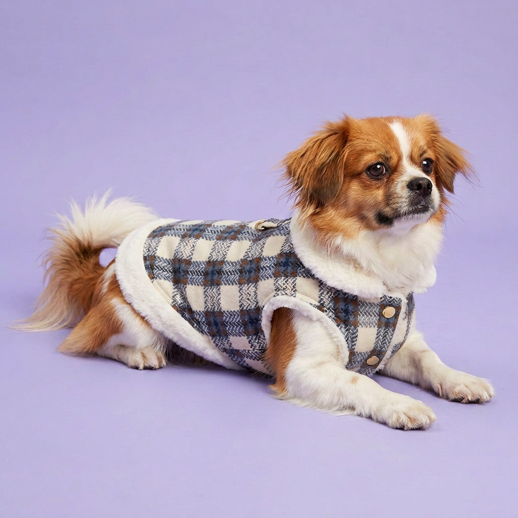 Tibetan spaniel portrait with revised gold-button closures