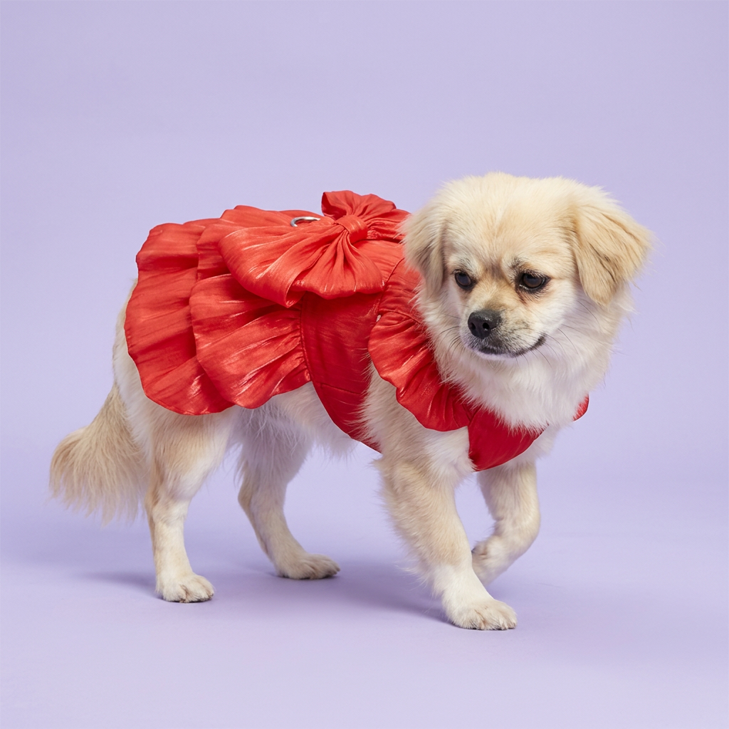 Tibetan spaniel wearing the red bow dress