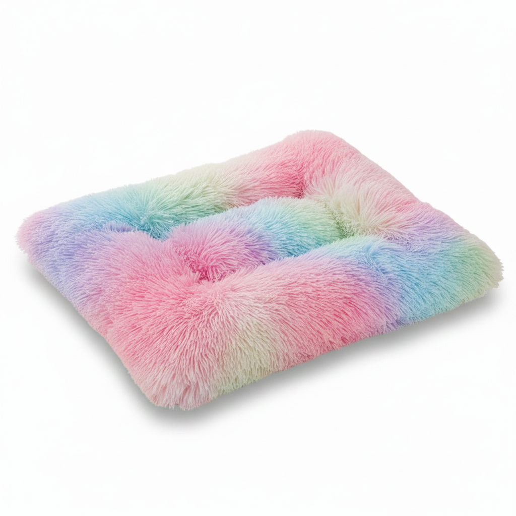 Pastel rainbow tie-dye long shaggy faux fur square tufted flat pet bed mat shown at a 3/4 angle on a white background
