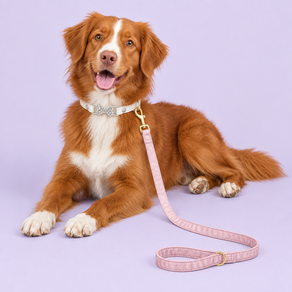 Tolling retriever with ivory bow collar and pink silky leash