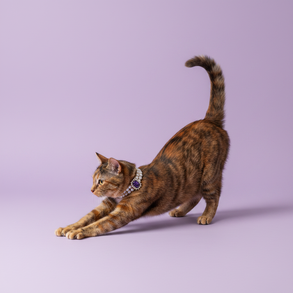 Tortoiseshell cat stretching with its front legs extended, wearing a double pearl collar with an amethyst gemstone pendant against a lavender background
