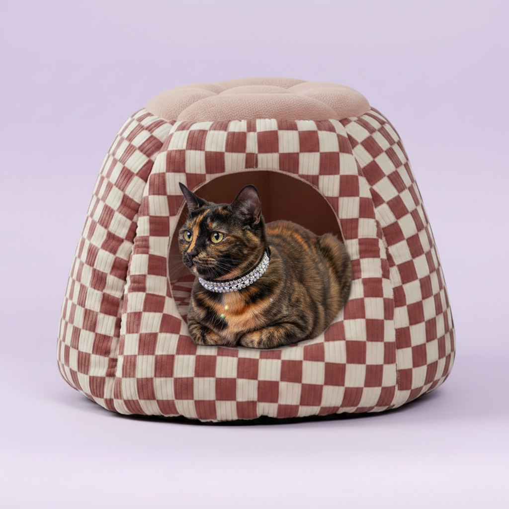 Tortoiseshell cat with amber-green eyes lounging inside a dusty rose and cream checkerboard print igloo cave pet bed with round tufted blush boucle top, on a soft lavender backdrop, wearing a silver crystal rhinestone collar — Signature Edit style