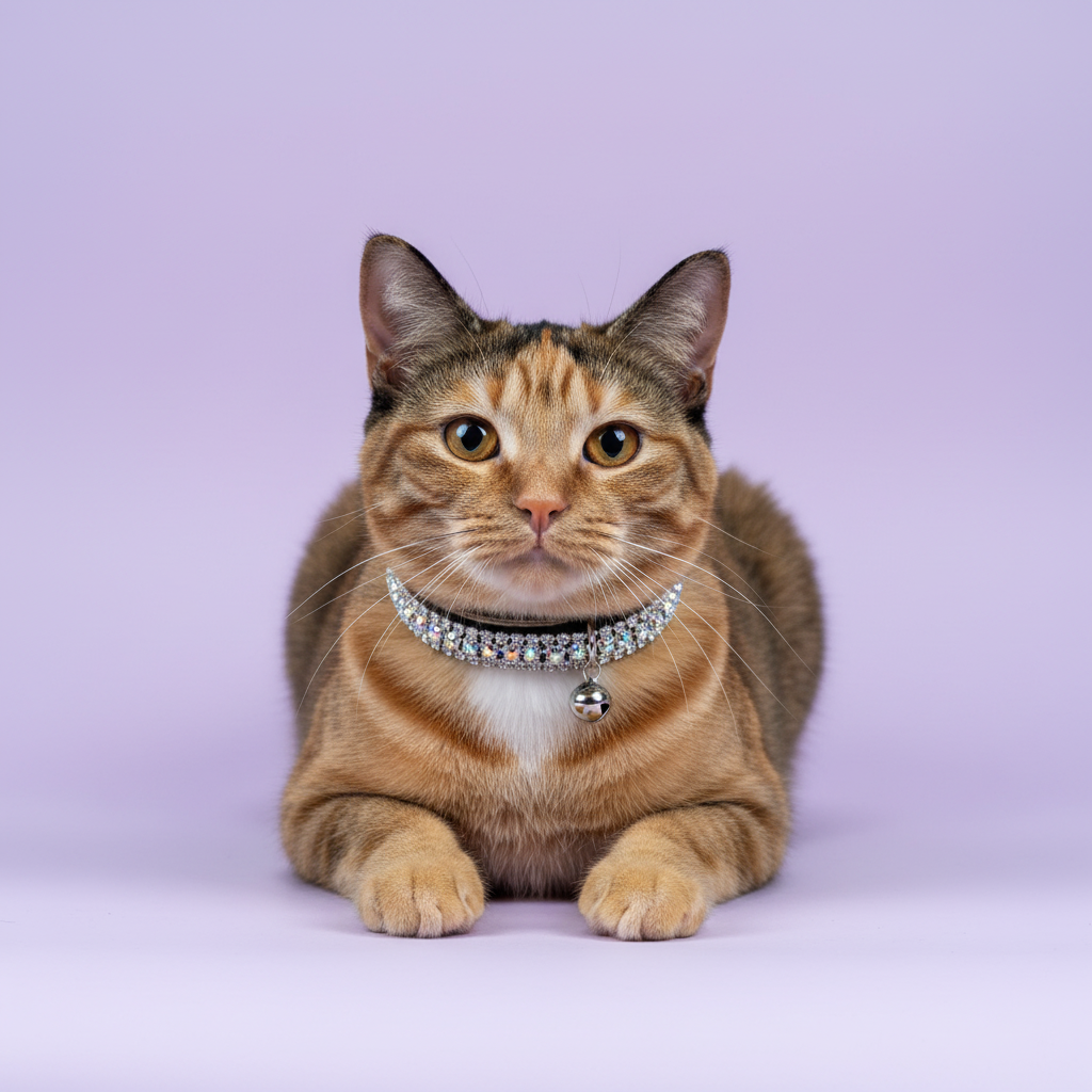 Tortoiseshell cat in the black velvet collar with AB trim