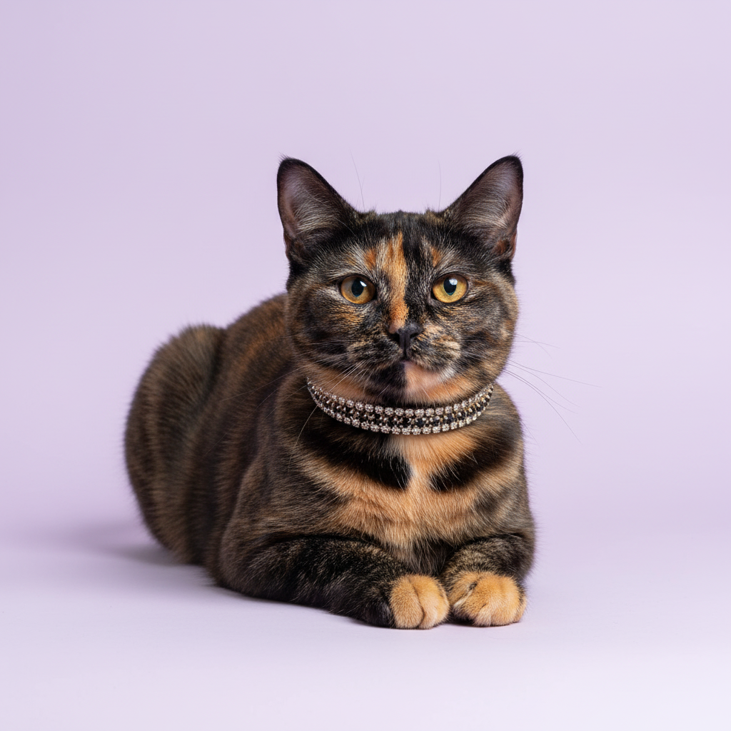 Tortoiseshell cat in the black velvet collar with black trim