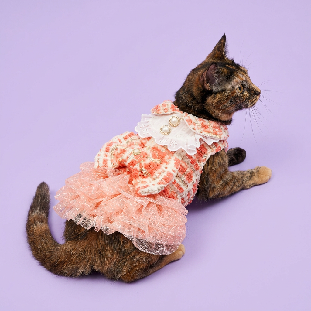 Tortoiseshell cat in the coral tweed dress