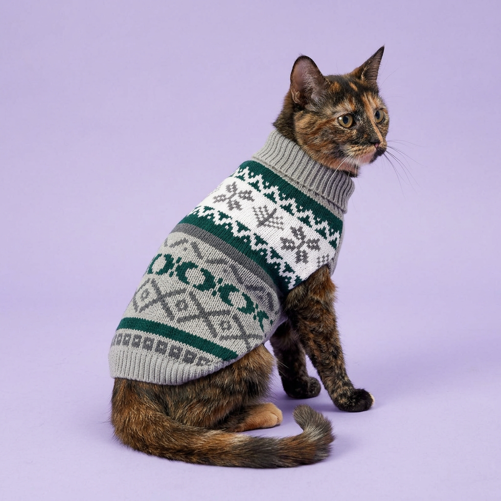 Tortoiseshell cat in the grey-and-green sweater
