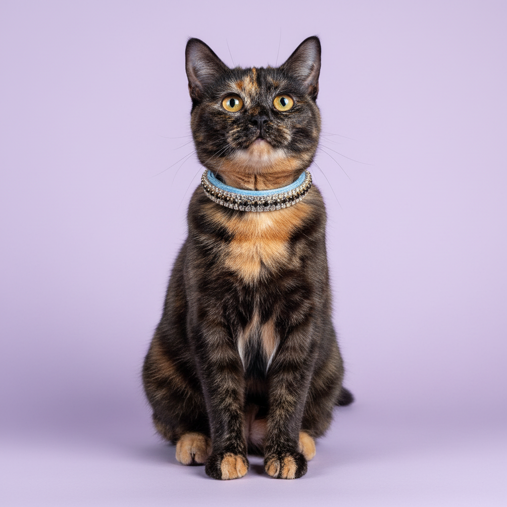 Tortoiseshell cat in the light-blue velvet collar with black trim