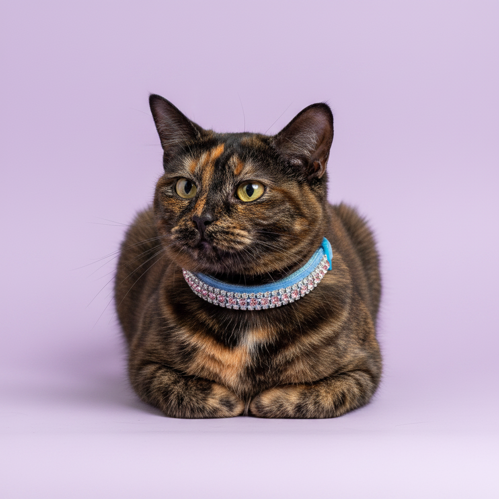 Yellow-green-eyed tortoiseshell cat in loaf position facing camera wearing a blue velvet triple-row pink and clear crystal rhinestone collar, luxury rhinestone cat collar on lavender background