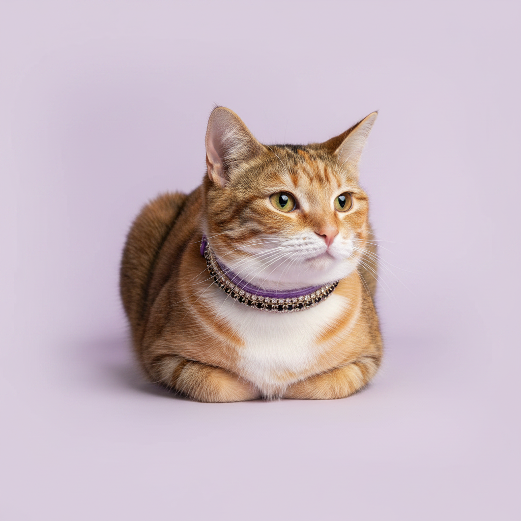 Yellow-green-eyed orange tabby cat in loaf position facing camera wearing a lavender velvet double-row champagne gold crystal rhinestone collar, luxury rhinestone cat collar on lavender background